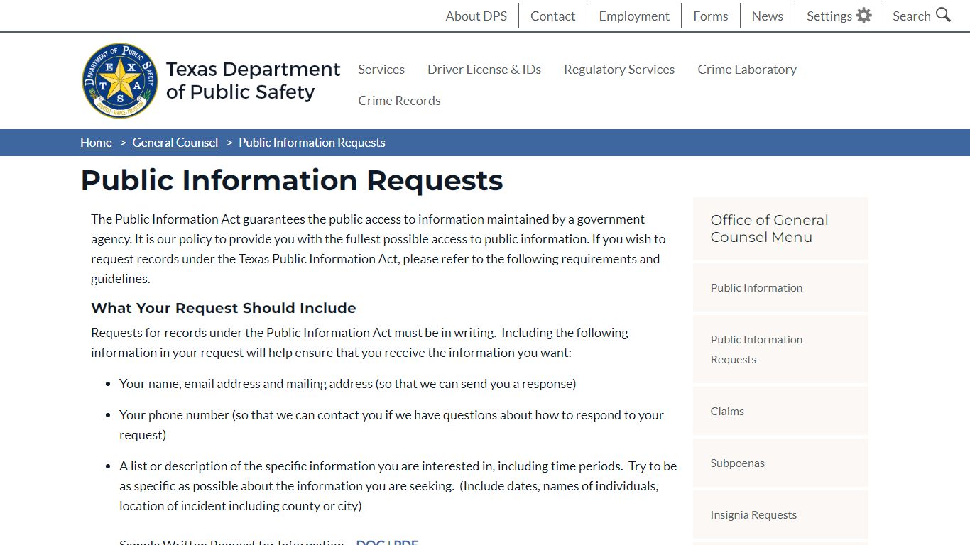 Public Information Requests | Department of Public Safety